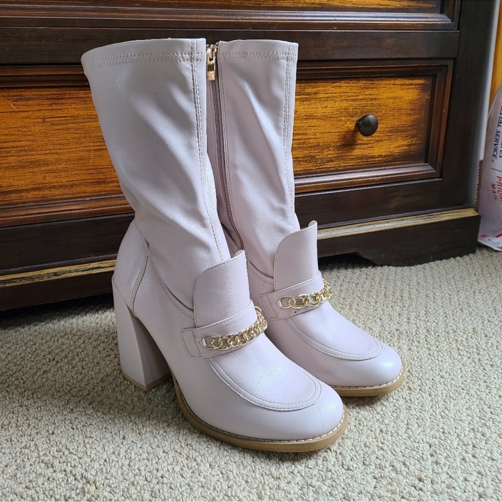 Koi Cream High Heel Boots with Gold Chain
